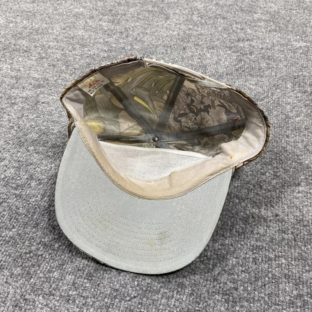 Vintage Hat Cap Snap Back Mens Brown Floral Canvas Rope Cat Face Panther
